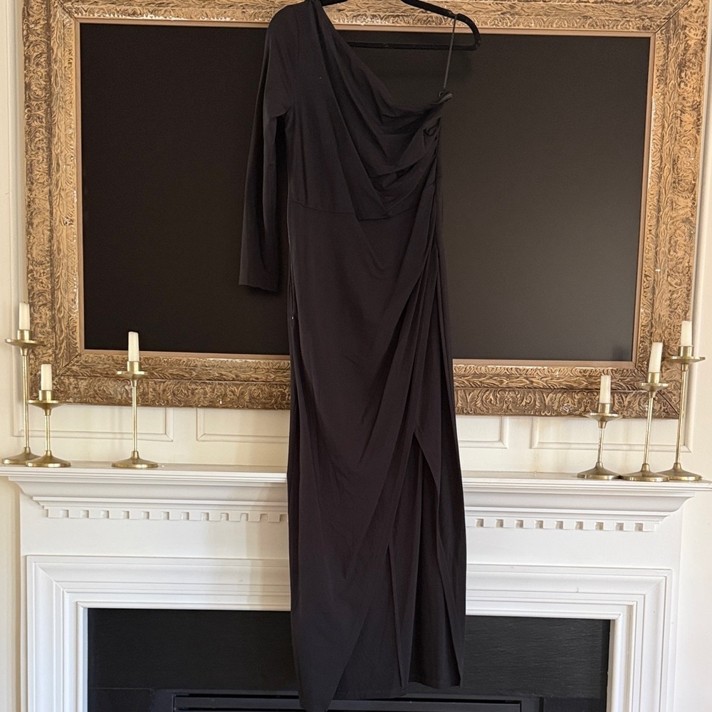 One-Shoulder Black Draped Evening Gown